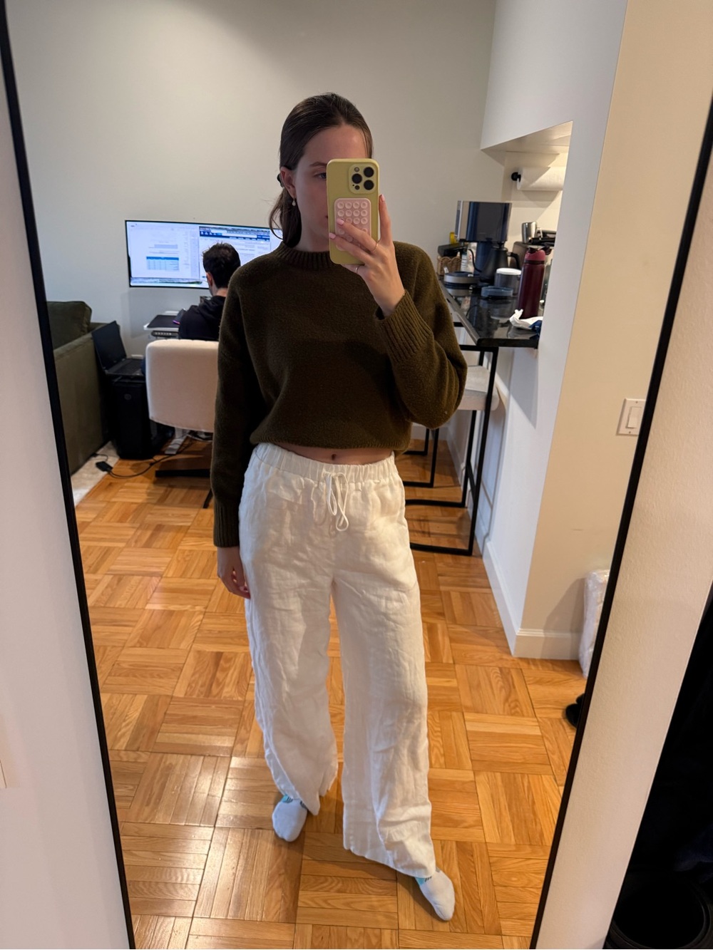 DISSH White Wide Leg Linen Pants with Drawstring